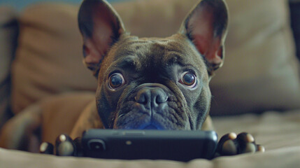 Image of a dog making a surprised face at a cell phone screen..