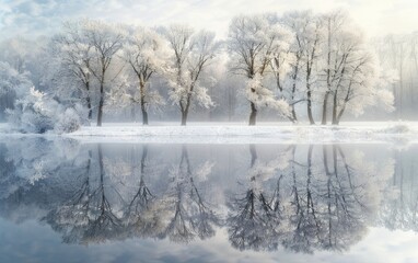 Frosty trees reflected in calm river on misty winter morning.
