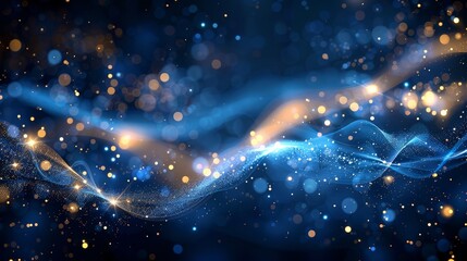 Abstract blue and gold bokeh lights background, glowing light effect with dark night sky banner design in the style of dark night sky - obrazy, fototapety, plakaty