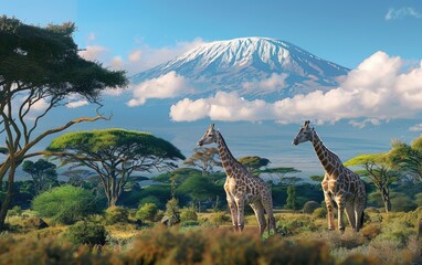 Giraffes grazing with Mount Kilimanjaro in the background.
