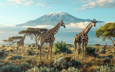 Giraffes grazing with Mount Kilimanjaro in the background.