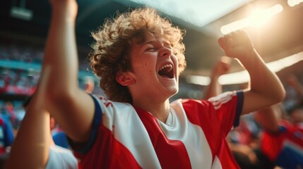 A jubilant soccer fan celebrates a goal, cheering and clapping in a stadium filled with spectators...