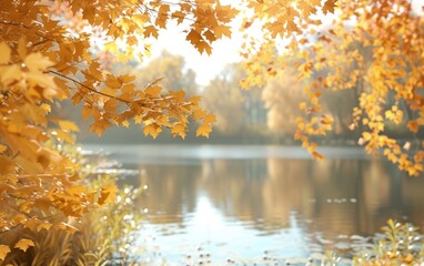 Golden autumn leaves frame a serene riverside scene.