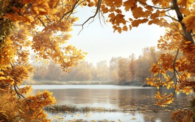 Golden autumn leaves frame a serene riverside scene.