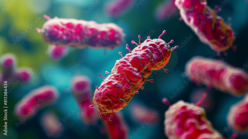 Poster a high-resolution image showing detailed structures of bacteria, highlighted in red against a blurre