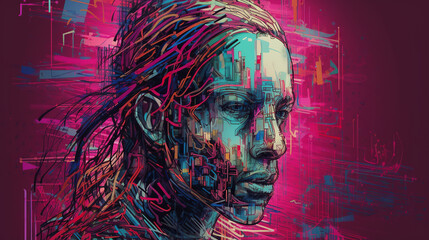 An enigmatic figure, half-human and half-machine, emerges from a digital labyrinth, its form fragmented into pixelated shards, glowing with neon hues of cyan and magenta against a stark white backdrop