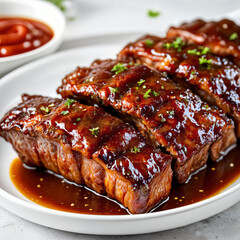 A plate of barbecue ribs with a glossy sauce, placed on a dining table next to a bowl of sauce. - obrazy, fototapety, plakaty