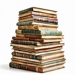 A stack of old books, with the top book slightly askew, giving the impression that it is about to fall off the pile. - obrazy, fototapety, plakaty