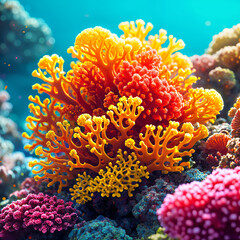 A vibrant underwater scene with various types of coral, including red and yellow varieties, surrounded by other colorful marine life. - obrazy, fototapety, plakaty