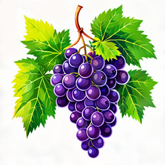 A bunch of purple grapes hanging from a vine, with green leaves surrounding them. - obrazy, fototapety, plakaty