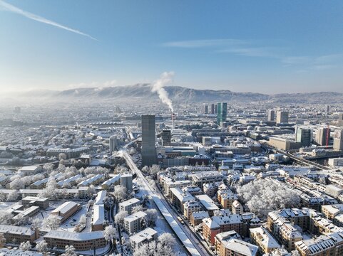aerial view of Zurich city, Switzerland, covered in snow