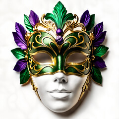 A vibrant and ornate mask with a white base, adorned with gold accents, purple flowers, and green leaves. - obrazy, fototapety, plakaty