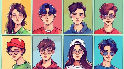 Illustration of Teenage Boys and Girls in Cartoon Comic Asian Style, Perfect for Social Network Avatars - obrazy, fototapety, plakaty