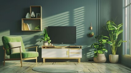 Pastel TV Room with Green Armchair and Decorative Accessories - A 3D Rendering of a Cozy and Stylish Living Space - obrazy, fototapety, plakaty