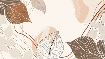 Earth Tone Line Art Design of Boho Foliage with Abstract Shape, Ideal for Print, Cover, Wallpaper or Natural Wall Decoration - obrazy, fototapety, plakaty