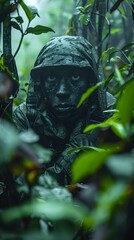 Covert Military Operative Navigating Lush Jungle Foliage with Camouflaged Tactics and Survival Skills