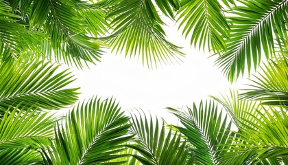palm leaves texture overlay frame from tropical plants isolated on transparent background with copy space in the middle
