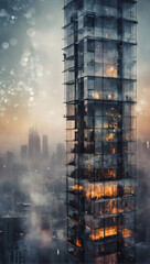 City Symphonies, Spectacular Watercolor of Abstract Skyscraper Scene with Grayish Smog