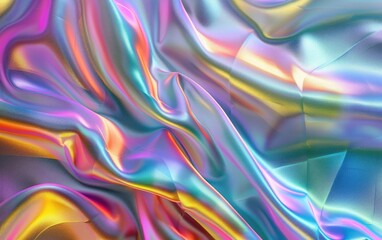 Iridescent fabric with shimmering, multicolor reflections and fluid folds.