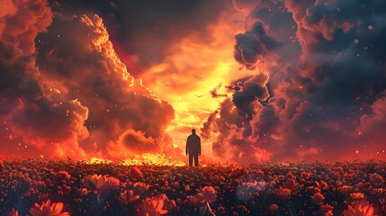 Man Stands Amidst Flowers Under Ominous Fiery Sky in Dramatic Digital