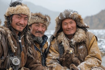 Fototapeta premium Smiling men in winter attire grouped with their eagle against a snowy backdrop