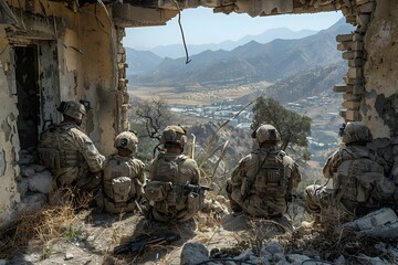 Soldiers Covertly Surveilling Enemy Movements from Ruined Structures in Mountainous Terrain