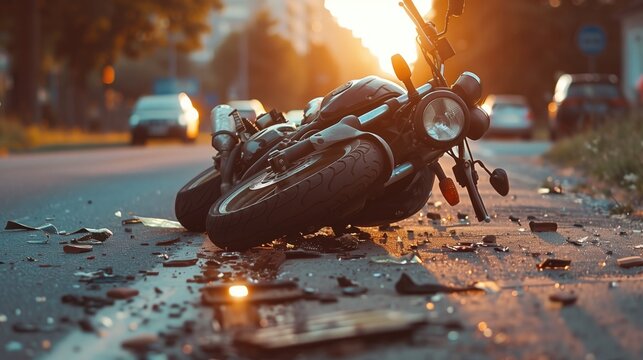 Broken motorcycle on the asphalt road in the rain. The concept of accident