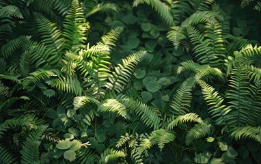 Lush green ferns with intricately detailed fronds in a shadowy underbrush.