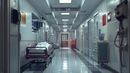 Interior and corridors of ambulance hospital and clinic viewed