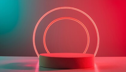 Showcase podium with neon red light and blue red light background