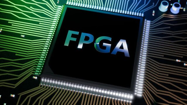 3d rendered animation of an FPGA chip with the letters "FPGA" on top of it. FPGA is the commonly used acronym for Field Programmable Gate Array.