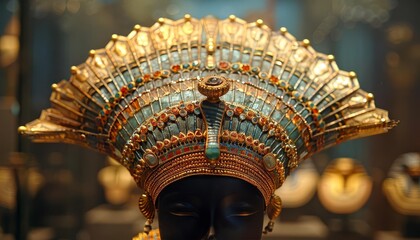 A ceremonial headdress worn by Egyptian royalty during dynastic ceremonies, adorned with precious jewels and gold