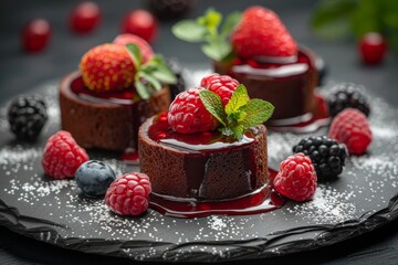 Decadent chocolate lava cakes topped with raspberries and a drizzle of syrup on a slate background