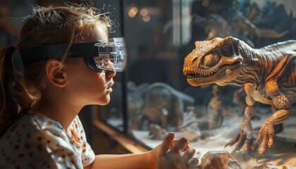 A child learning through augmented reality, with historical figures and dinosaurs appearing in...
