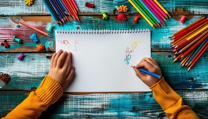 A childs hands holding a colorful assortment of crayons, drawing on a blank sheet of paper spread out on the floor