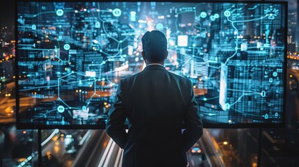 Fototapeta premium A city planner viewing a digital twin of a smart city on a large screen, analyzing traffic flow and energy consumption