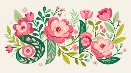  floral font with spring pink flowers cartoon vector illustration