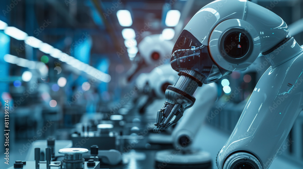 Poster image of a futuristic robotic assembly line with advanced robotic arms engaged in precision work, de