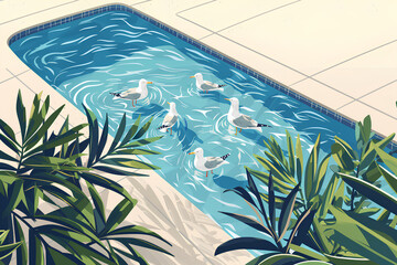 プールで泳ぐカモメたち