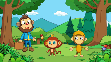 forest scene with funny monkeys cartoon vector illustration