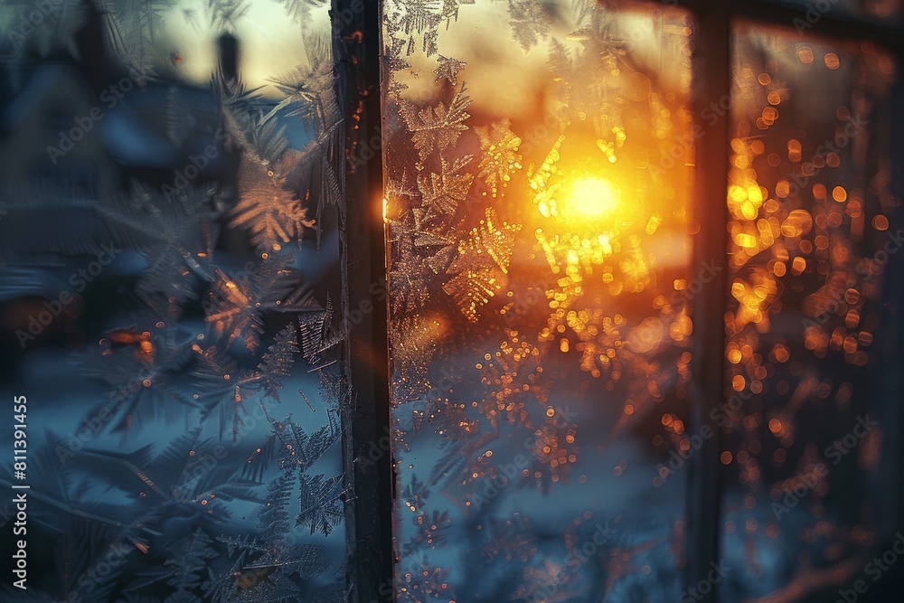 Poster ethereal view of ice crystals forming intricate frost patterns on a window against a golden sunrise 