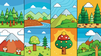  four different nature scene forest cartoon vector illustration