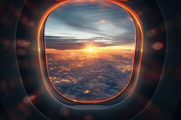 Breathtaking sunrise illuminating the skies, as seen through the porthole of an aircraft, invoking inspiration