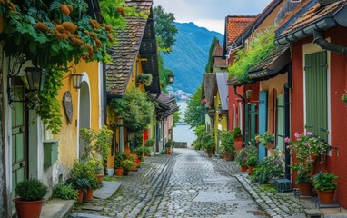 Quaint cobblestone alley lined with colorful houses and lush greenery in a picturesque lakeside village.