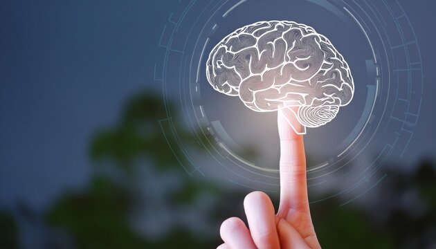 Hand pointing brain hologram, artificial inteligent concept