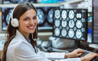 Radiologist smiling at desk, reviewing brain scans on computer.