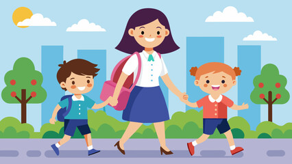 happy children going to school with their mother cartoon vector illustration