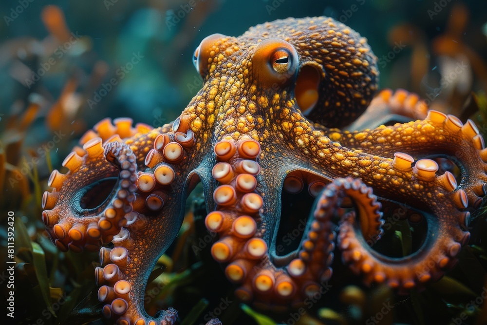 Poster this image captures an octopus in a natural setting with a focus on its distinct orange color and th