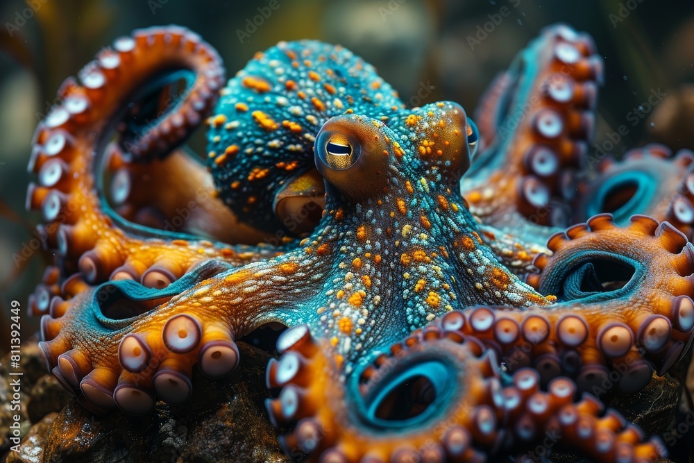 Poster an octopus is shown with a stunning display of colors and an array of suction cups along its twistin