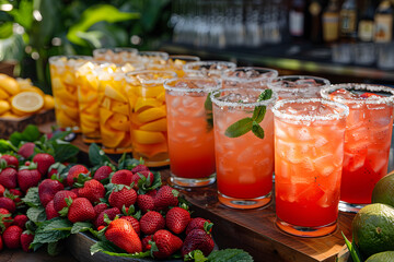 Fresh summer drinks cocktails with berries, fruits, ice and frost on glasses. Vacation open beach bar concept.